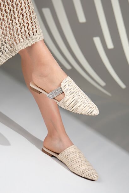 Velon Günlük Taş Detaylı Hasır Terlik  Ekru 4