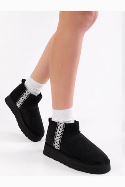 Teel Içi Kürklü Mini Süet Kışlık Taban Bot & Bootie  Siyah 2