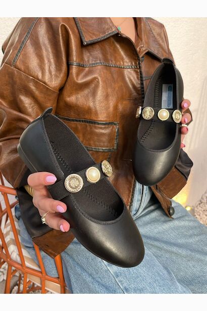 Roma Kadın Günlük Babet Yuvarlak Burun Balerin Ortopedik Memory Flex Hafızalı Taban  Siyah