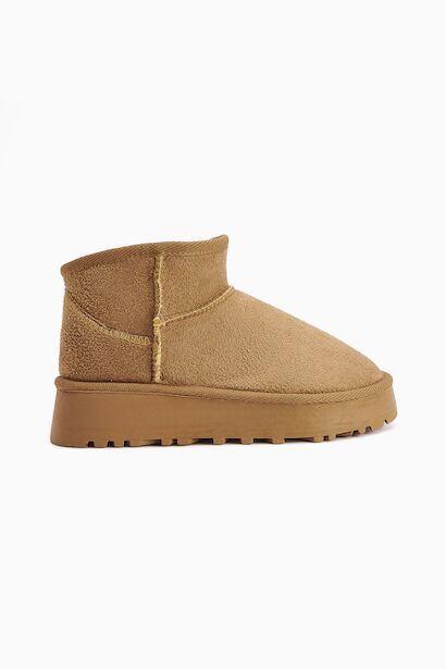 Teel Içi Kürklü Mini Süet Kışlık Taban Bot & Bootie  Camel