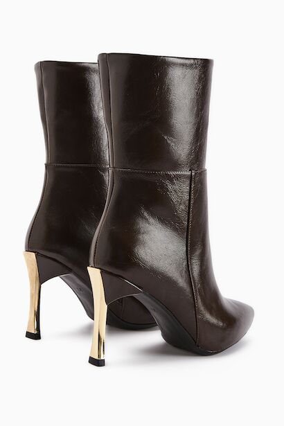 Sivri Burun İnce Altin Topuklu Kisa Çizme  Koyu Kahverengi 4