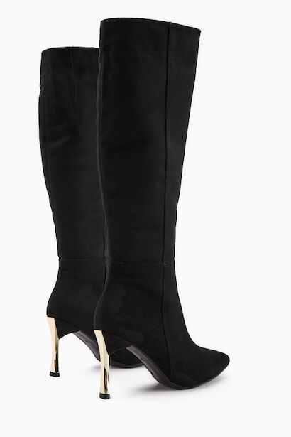 Kadın Fermuarlı Diz Altı Boy Altin Topuklu Çizme  Siyah 4