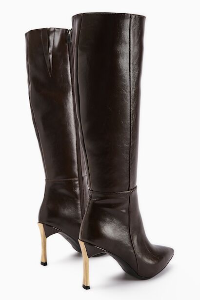 Kadın Fermuarlı Diz Altı Boy Altin Topuklu Çizme  Koyu Kahverengi 4